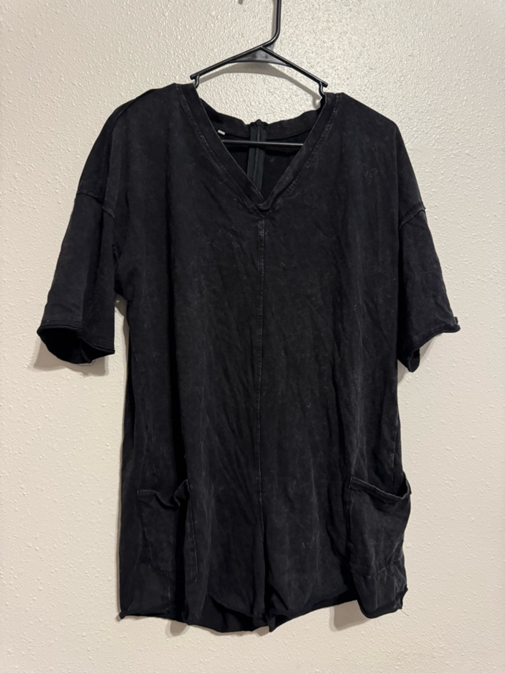 Black V-Neck Short Romper with Patch Pockets